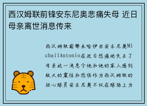 西汉姆联前锋安东尼奥悲痛失母 近日母亲离世消息传来