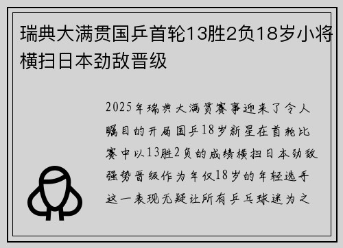 瑞典大满贯国乒首轮13胜2负18岁小将横扫日本劲敌晋级