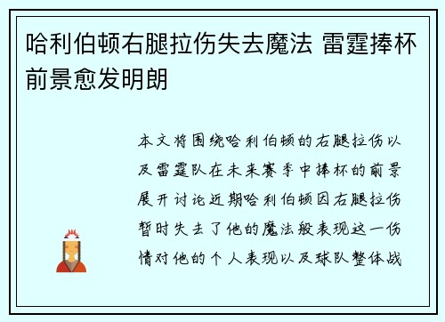 哈利伯顿右腿拉伤失去魔法 雷霆捧杯前景愈发明朗